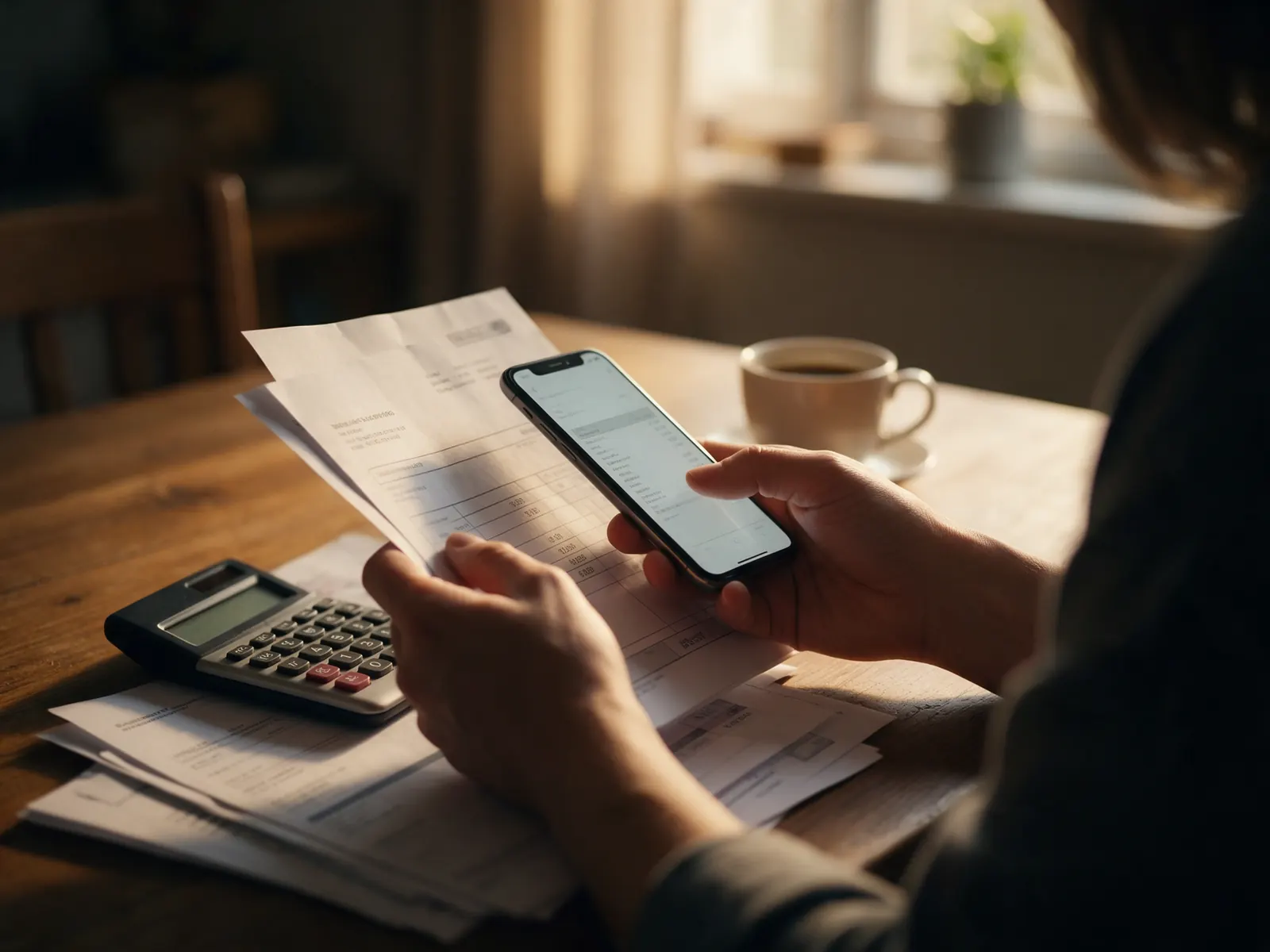 Pessoa revisando contas com o celular e uma calculadora, com tranquilidade